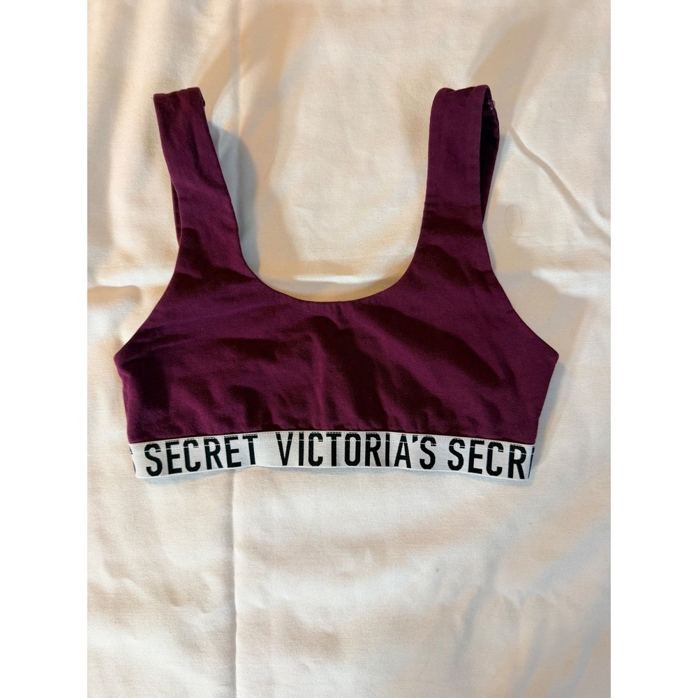 Victorias Secret Purple Logo Band Bralette Scoop Neck Wireless Sporty Plum S